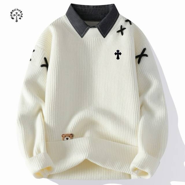 Yc上新发 Chrome Hearts克罗心海外版25Ss新款四色爆款假两件拼色宽松版情侣款翻领毛衣 采用针织加厚面料 舒适透气 有质感 做工精细 走线规则 落