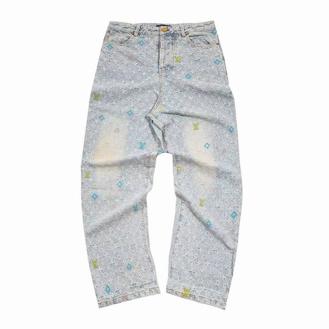 Lv Tylorx 24Ss 彩色刺绣牛仔裤 顶级版本 原价50,600购入开发 定织经典老花提花单宁面料周期两个月，织布后做定位彩色刺绣 蓝 粉 黄 荧光绿