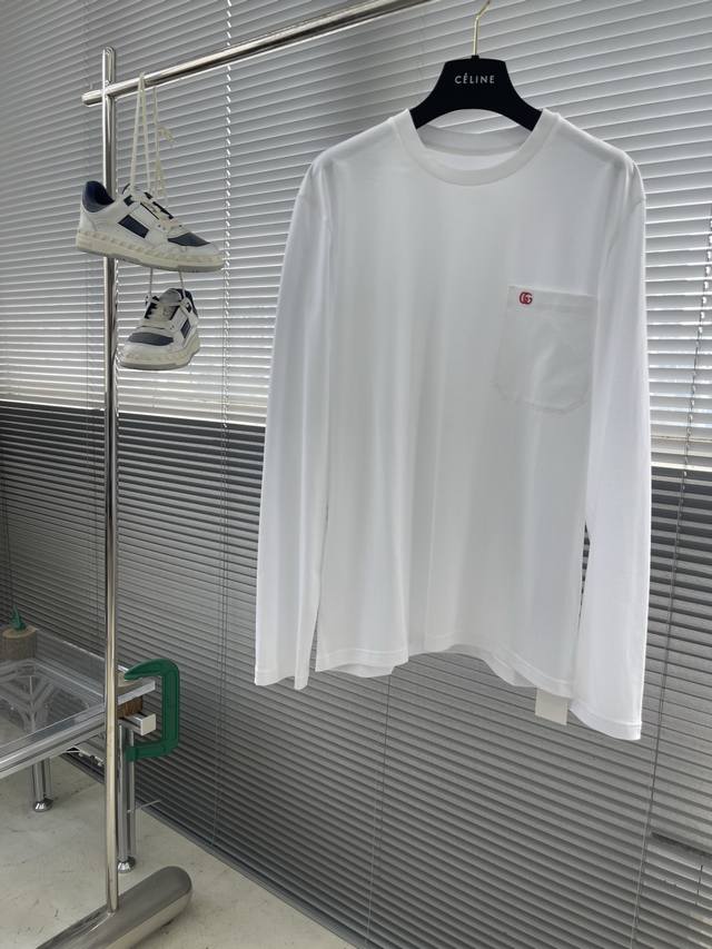 Gucc 双G标识细节全棉长袖T恤。订织的面料质感好，面料舒适亲肤。 尺码:S M L Xl Xxl 肩宽