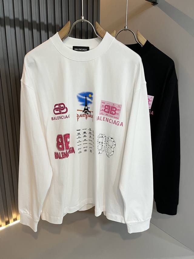 Balenci*Ga巴黎*家 2025秋冬新款男女同款长袖打底衫！走秀图案印花时尚休闲短袖T恤衫！设计Logo印花设计！极具设计精选客供260G纯棉面料，手感柔