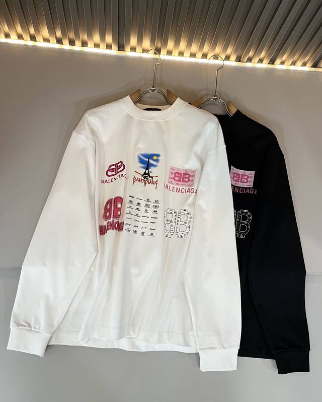 Balenci*Ga巴黎*家 2025秋冬新款男女同款长袖打底衫！走秀图案印花时尚休闲短袖T恤衫！设计Logo印花设计！极具设计精选客供260G纯棉面料，手感柔