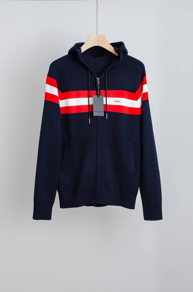 Kit#On 2025秋冬新品高端品质顶级版本 ！男士高端简约羊绒羊毛混纺开衫毛衣#羊毛衫#这款羊毛针织连帽外套，深蓝配红白条纹，运动感满满又不失休闲风。高品质