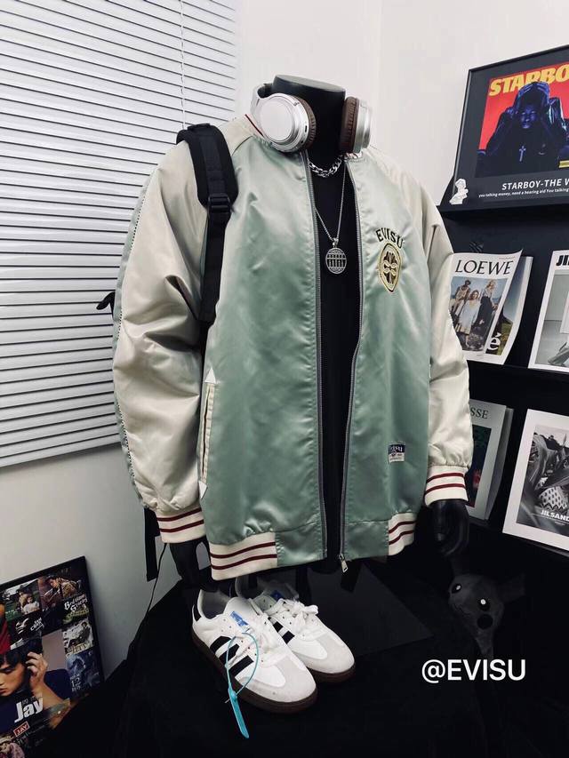 Evisu福神重工织带拼接锦鲤刺绣复古夹克男女同款 搭配情侣更赞哦 高品质官网发售款｜超级推荐｜超人气单品Ins小红书热门爆款 情满怀满 绝细对节多到让你怀疑人