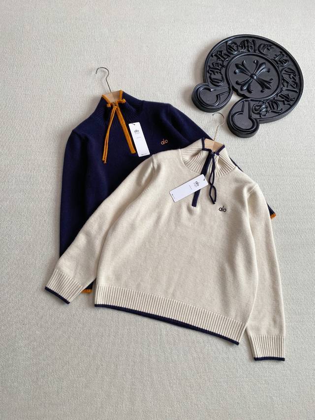 Alo女士新款加厚半拉链刺绣针织撞色毛衣女神上衣 直筒版型修饰身形 上身不臃肿，半拉链设计 ，穿脱方便！ 胸前刺绣Logo！低调又有辨识度，彰显品牌质感，既能保