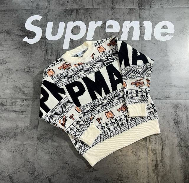 puma符号限定三色情侣圆领加厚针织毛衣 超高密度针织毛衣面料 保暖 弹力大 不起球 不缩水 定色定染哥特花纹图案设计 原版品质 万针刺绣Logo 工艺 激光切