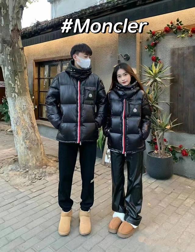 实拍细节图 蒙口三色织带彩条短款羽绒服