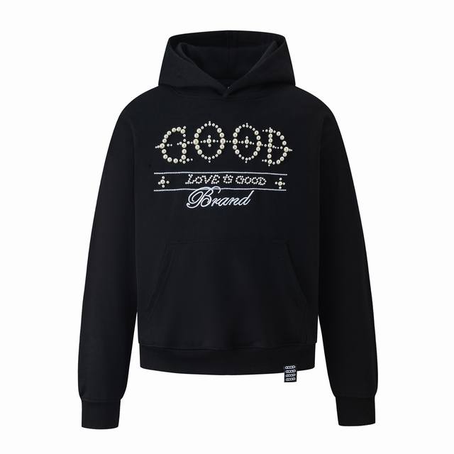 Goodbrand25Fw十字珍珠标语连帽卫衣 男女同款 Colors:黑色、杏色 Size:S-Xl