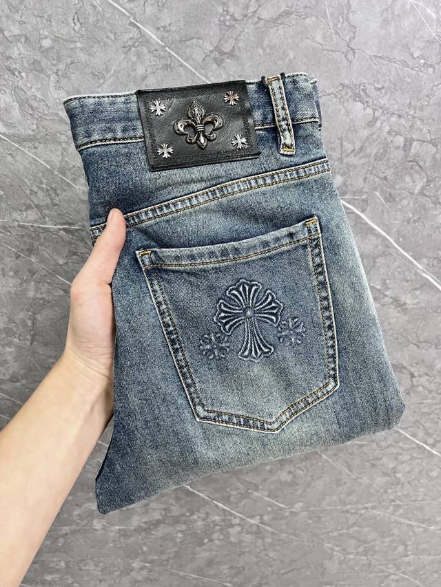 克罗心 2025年春夏新款原单牛仔裤！意大利奢侈品男士蓝色牛仔裤 选用进口水洗丹宁布 精致的专柜五金，上等真皮皮牌 Ch一流洗水工艺 Ykk大牌专用拉链，男士弹