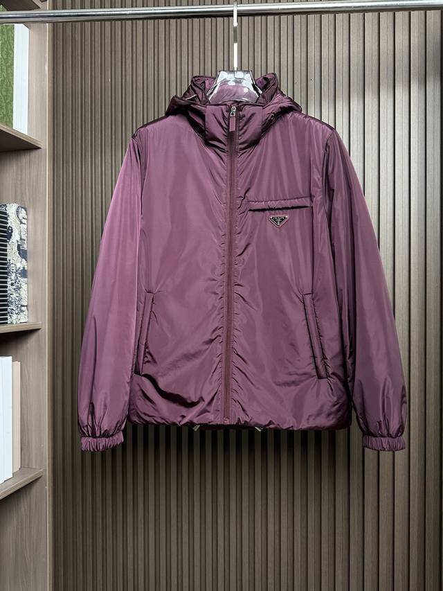 紫红～ 25秋冬普拉达可卸式束绳兜帽再生尼龙羽绒服梅西同款Jb16