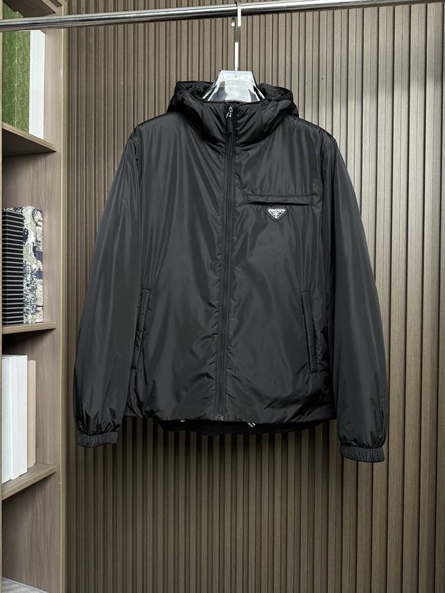 黑～ 25秋冬普拉达可卸式束绳兜帽再生尼龙羽绒服梅西同款Jb16