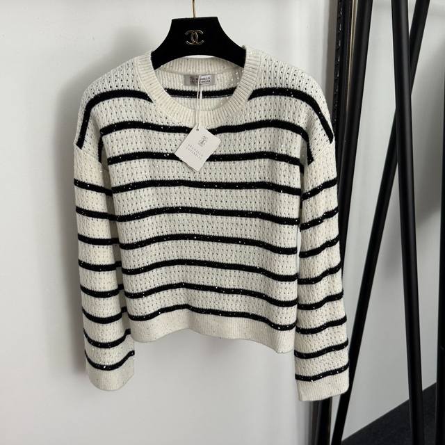 款号20257270 Brunello Cucinell*Bc新款 闪耀亮片镶嵌 拼色条纹镂空长袖羊毛针织衫，白色，黑色，Sml， M码：肩宽50，胸围96，袖