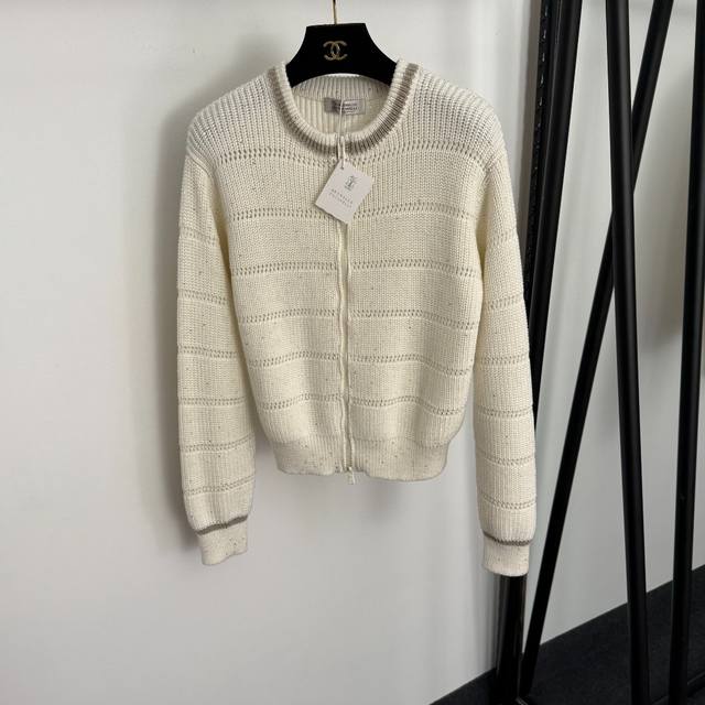 款号20257269 Brunello Cucinell*Bc新款 亮片镶嵌 镂空条纹长袖羊毛针织开衫拉链外套，米白色，36 38 40， 36码：肩宽44，胸