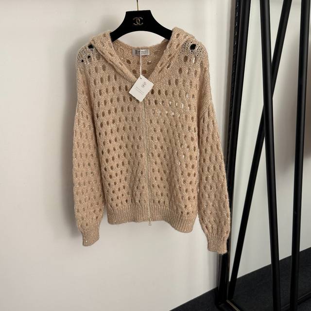 款号20257266 Brunello Cucinell*Bc新款 闪耀亮片镶嵌 马海毛镂空长袖毛衣连帽针织开衫外套，燕麦色，灰色，黑色，Sml， M码：肩宽5