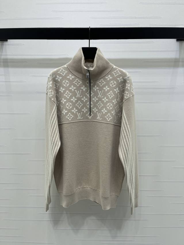 上新原单高端品质Louis Vui*Ton 2025秋冬最新系列！拼色针织翻领长袖！定制羊毛纱线织造，柔软舒适，洋气显瘦，长袖上衣版型，半开襟拉链设计便利穿脱，
