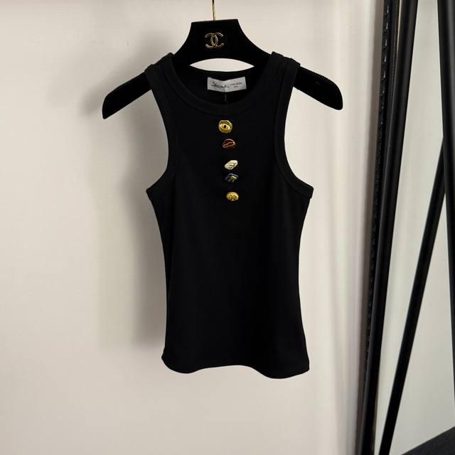 款号20257260 Schiaparelli*新款 高端定制异形金色纽扣装饰坑条修身纯棉背心，白色，黑色，Sml， S码：胸围64，长55；重量：0.160K