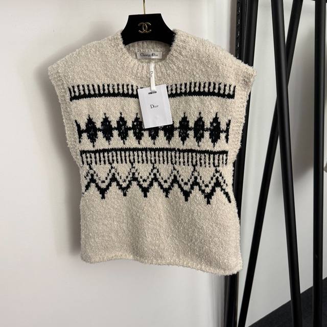 款号20257242 Dio*新款 撞色提花羊毛针织背心，杏色， 均码：胸围86，长56；重量：0.480Kg .