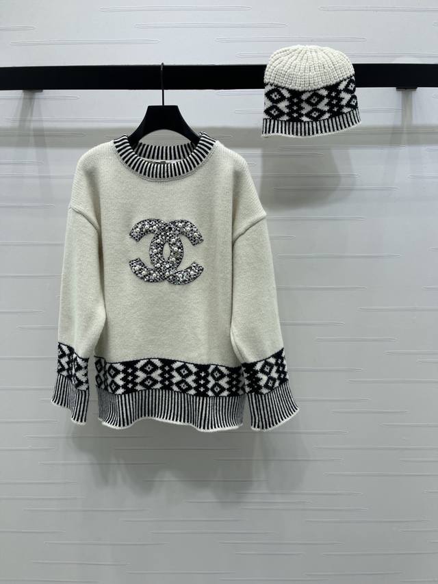 上新原单高端品质 Chane* 2025秋冬最新系列！费尔岛提花毛衣针织帽！定制羊毛针织材质 圆领长袖毛衣针织帽与衣服呼应 密实排针有效防风御寒 领口袖口衣摆黑