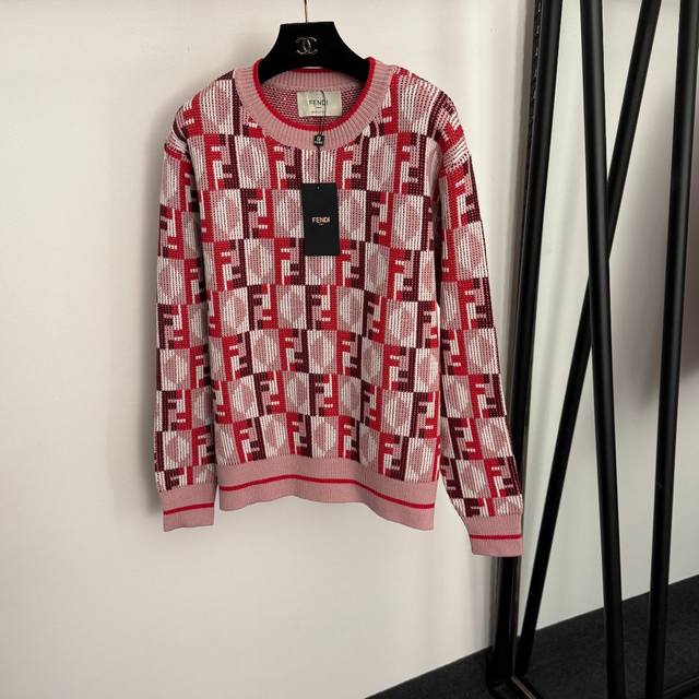 款号20257230 Fend*新款 撞色F字母镂空套头长袖羊毛针织衫，红色， 均码：肩宽46，胸围110，袖长61，长64；重量：0.610Kg