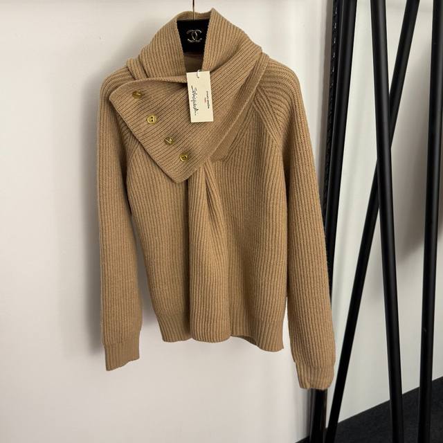款号20257236 Schiaparelli*新款 钥匙孔金纽扣可拆卸围巾长袖针织衫毛衣，杏色，卡其色，藏蓝色， 均码：胸围98，袖长68，长59；重量：0.