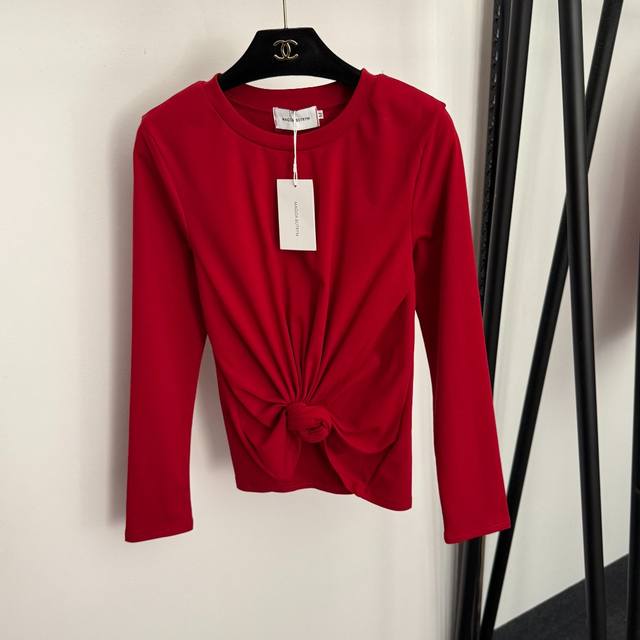 款号20256570 Magda Butry*新款 纽结皱褶收腰设计修身长袖T恤上衣，白色，红色，黑色，咖色，S-Xl， Ｍ码：肩宽38，胸围82，袖长59，长