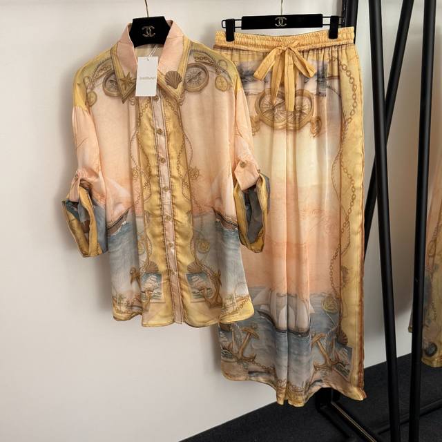 款号20257154 Zimmermann*新款套装，航海帆船海鲜印花 定制船舵纽扣卷边短袖衬衣+松紧腰阔腿长裤，粉色，S-Xl， L码：肩宽51，胸围130，