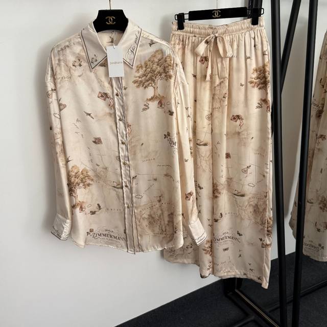 款号20257153 Zimmermann*新款套装，气质蝴蝶天鹅大树印花长袖衬衣+松紧腰阔腿长裤，杏色，S-Xl， M码：肩宽57，胸围124，袖长55，长7