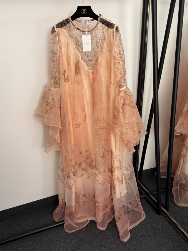 款号20257151 Zimmermann*新款 仙气飘飘 复古花纹印花喇叭长袖欧根纱宽松大版连衣裙 长裙，粉色，S-Xl， M码：肩宽37，胸围110，袖长6