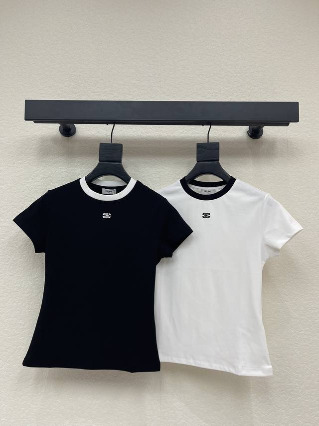 Celin*26早春新款撞色刺绣小标修身T恤 采用纯棉材质 圆领设计 修身版本 有弹力的哈 任何身形都可以驾驭 刺绣中间小标设计 百搭款式 Sml Aa