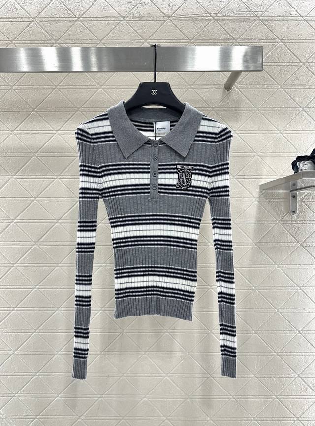 Bbr*2025新品上架 条纹针织长袖 定制Yb羊毛纱线织造，弹力舒适，质感十足，翻领polo针织上衣裁剪，上身呈现休闲慵懒的穿搭格调，通体疏密粗细交错的多色条