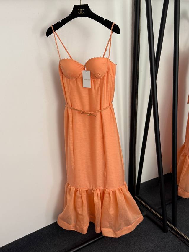 款号20257082 Zimmermann*新款 钉珠抹胸吊带连衣裙 荷叶边亚麻鱼尾裙，橘粉色，S-Xl， M码：胸围78弹力，长114；重量：0.340Kg