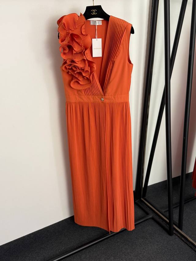 款号20257074 Zimmermann*新款 褶皱花瓣装饰Ｖ领收腰百褶无袖背心连衣裙 长裙，橘色，绿色，粉紫色，S-Xl， S码：胸围86，腰围78，长13