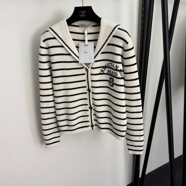 款号20257053 Dio*新款 数字8刺绣字母 Cd小蜜蜂古铜纽扣 海军领条纹长袖羊毛针织开衫，白色，36 38 40， 38码：肩宽39，胸围100，袖长