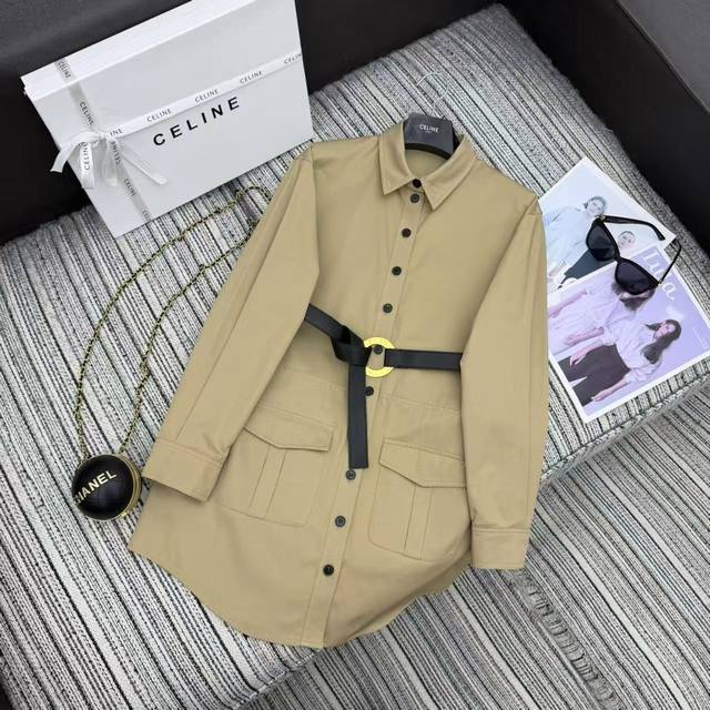 强烈推荐 25年早秋系列 Cel*新款翻领长袖衬衫裙 腰间搭配定制腰带 凯旋门刺绣口袋 Sml .