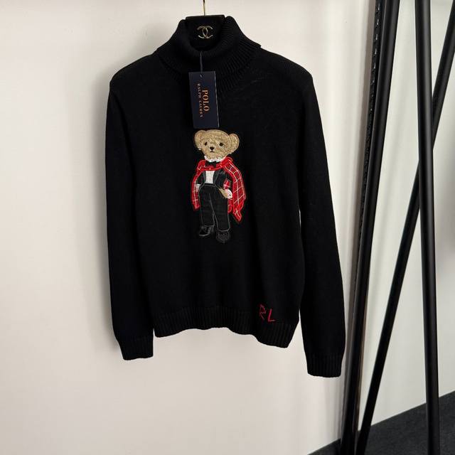 款号20257016 Ralph Laure*拉夫劳伦新款 红围巾小熊刺绣贴布高领长袖套头针织打底衫，黑色，Sml， Ｍ码：肩宽38，胸围92，袖长60，长58