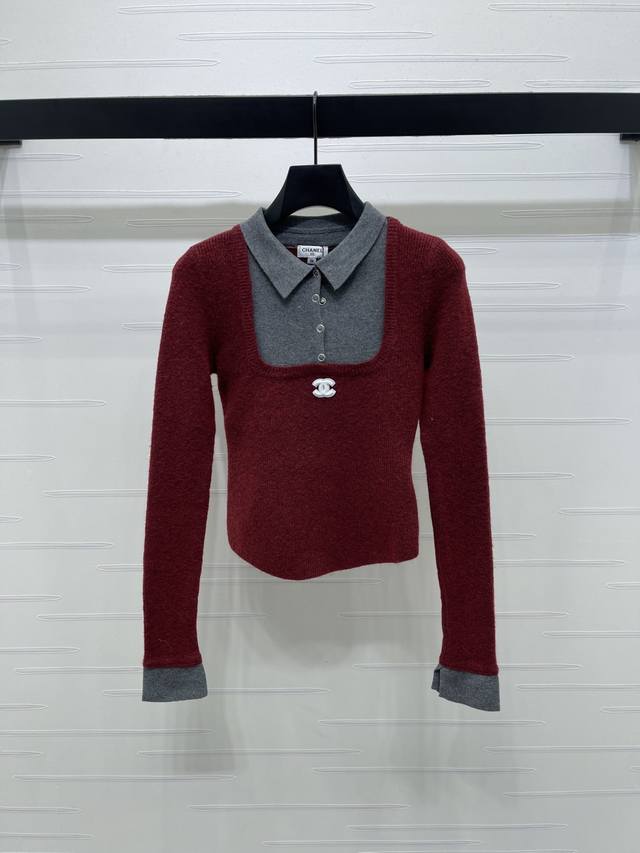 上新原单高端品质 Chane* 2025秋冬最新系列！撞色假两件针织长袖上衣！定制羊毛纱线织造 舒适软糯 弹力十足 翻领针织长袖假两件版型 内里于领口露出 与外