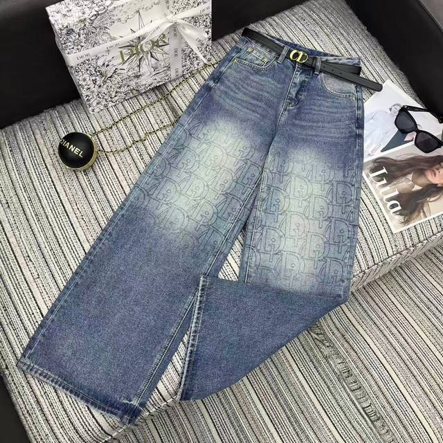 强烈推荐 25年早秋系列 Dio*新款Logo印花牛仔直筒裤 搭配定制皮腰带 洗水颜色好看 Sml .