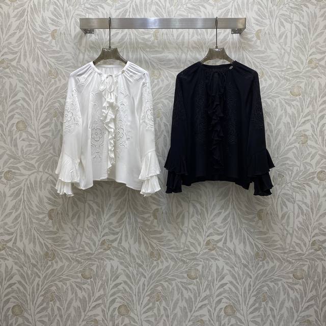 Di★ Fw 整件重工定位刺绣木耳花边设计上衣 法式优雅中带着灵动气息，高级面料，颜色:图片2色，面料:精纺刺绣人丝面料 Smlxl