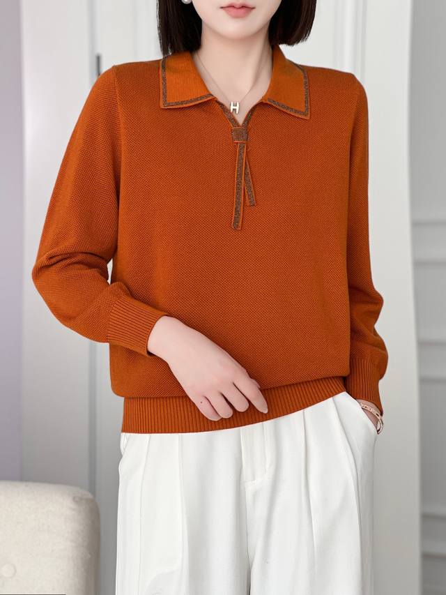 2025秋季新款飘带时尚33羊毛翻领 妈妈款减龄上衣中年大码翻领套头纯色针织小衫