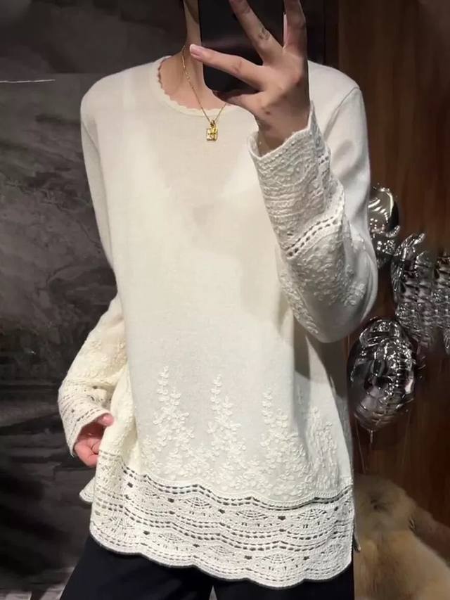 欧洲站2025秋冬新款设计感宽松休闲重工镂空钩花刺绣羊毛针织衫