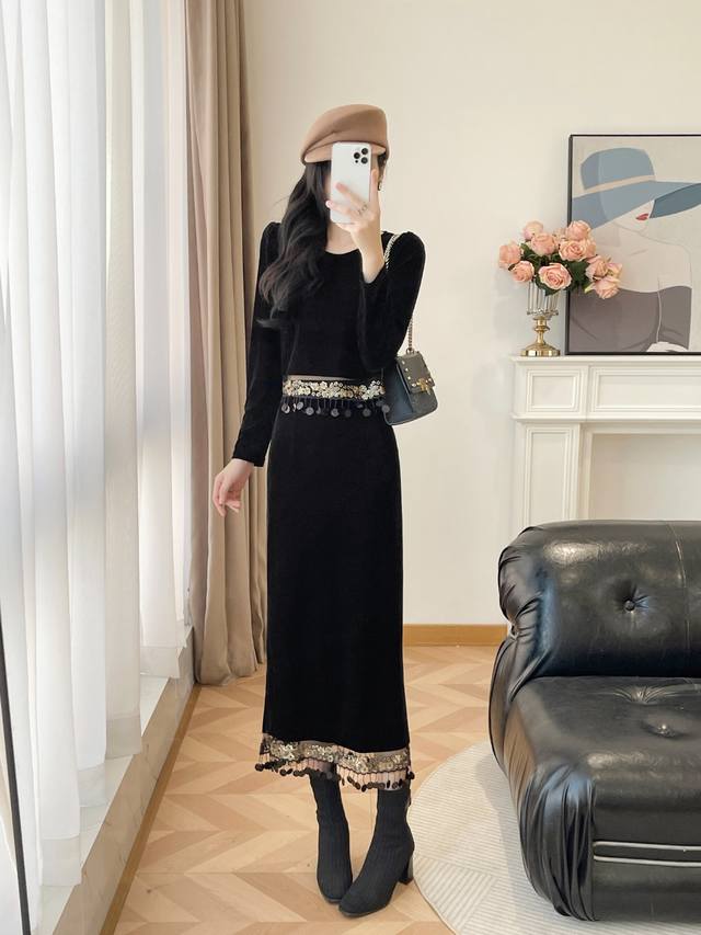 2025秋冬新款秋冬法式轻奢名媛气质丝绒拼接流苏包臀连衣裙两件套礼服 S-Xxl 现货