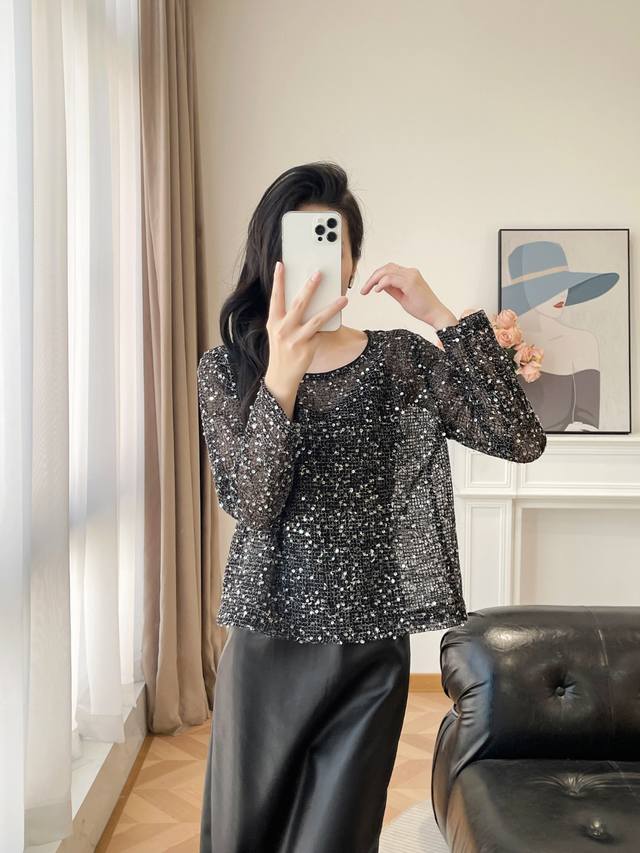 上衣 半裙 2025秋冬新款 网纱绣珠片上衣+吊带，+蛋白皮植绒烧花松紧腰半裙 S-Xxl 现货