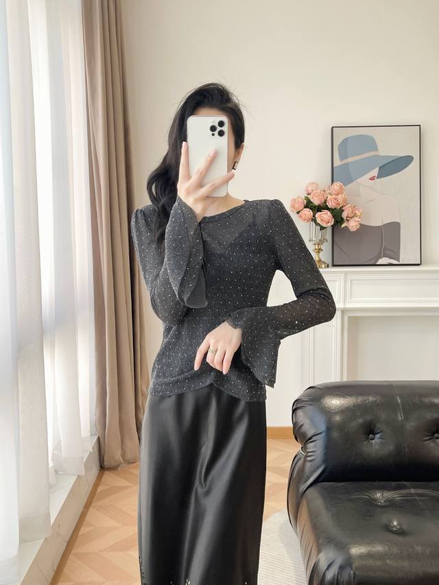 烫钻上衣 半裙120 2025秋冬新款 烫钻打底荷叶袖+蛋白皮植绒烧花半裙 S-Xxl 现货