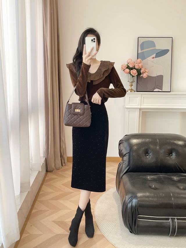 上衣 烫钻半裙 2025秋冬新款 满绒荷叶边打条上衣+皇绒烫钻半裙 S-Xxl 现货