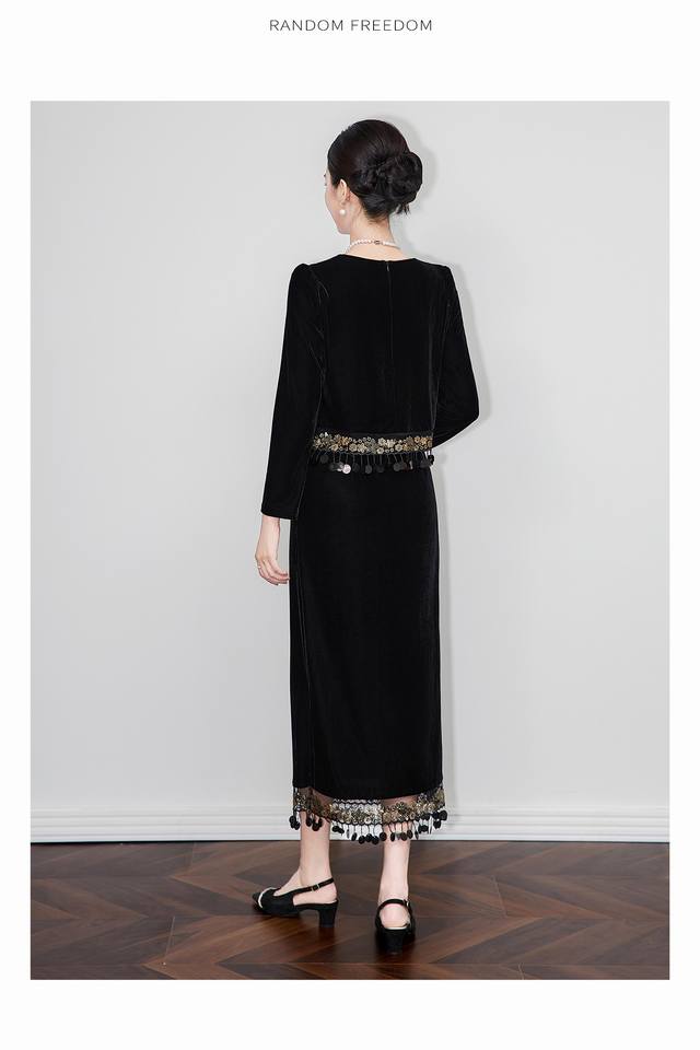 2025秋冬新款 法式轻奢名媛气质丝绒拼接流苏包臀连衣裙两件套礼服 S-Xl 现货