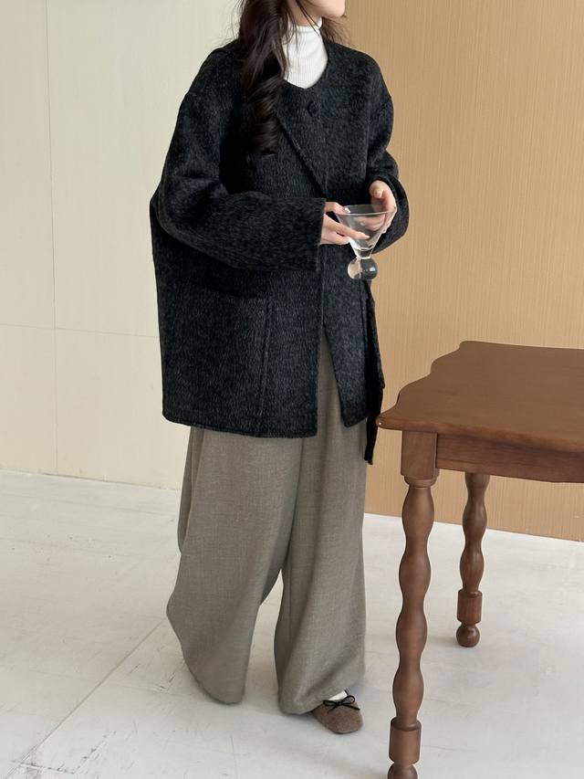 高端流苏斜垮包中长款双面羊毛呢子大衣外套上衣女2025秋冬