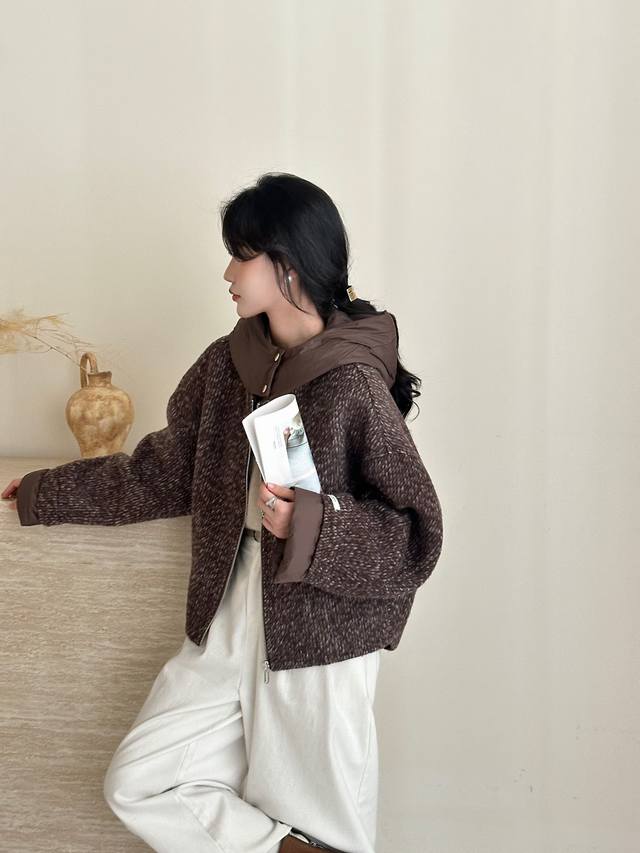 高级感双面羊毛大衣女短款2025新款秋冬连帽时尚气质宽松毛呢外套