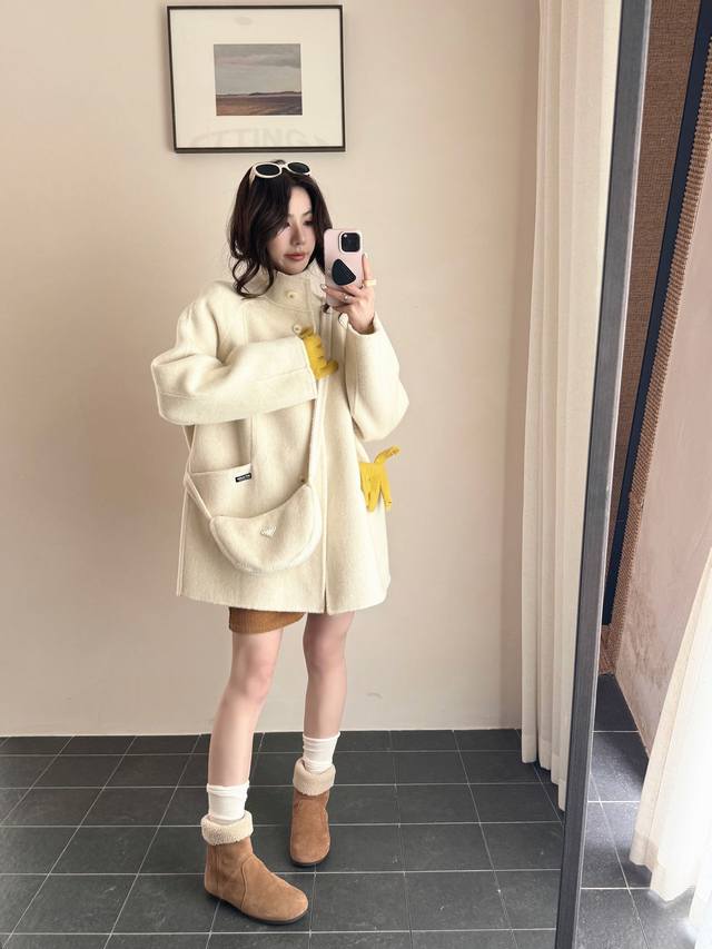 韩版立领带小包双面羊毛大衣女25秋冬新款中长款宽松款双面绒外套