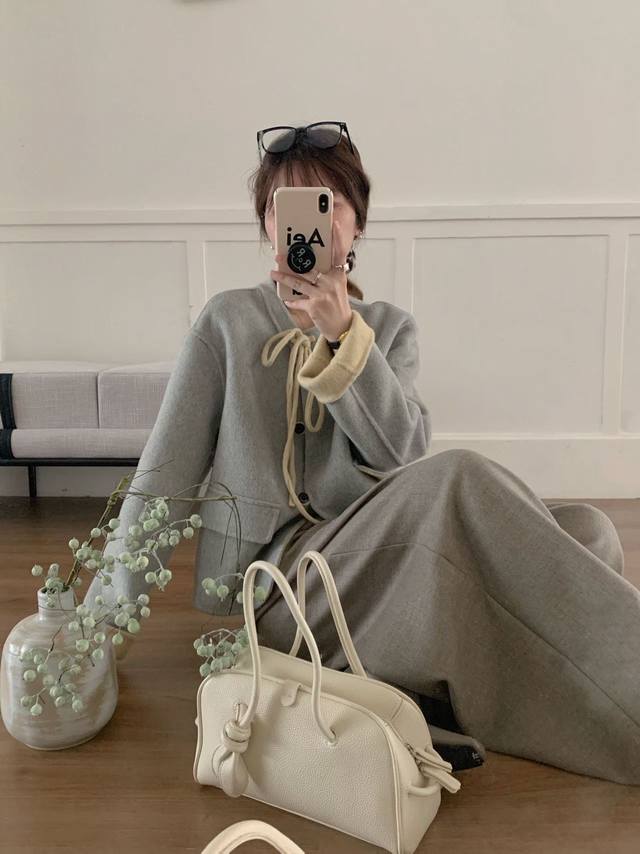 2025新款韩版宽松气质双面羊毛大衣飘带小香风毛呢外套短款