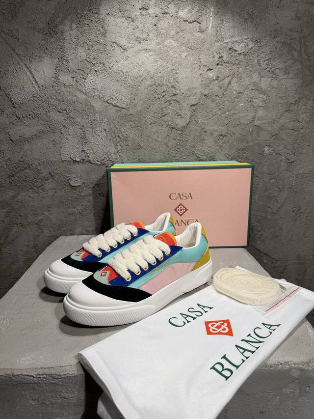 Casablanca 2025Ss 新款拼色休闲运动鞋 开模T pu耐磨环保双色鞋底 磨砂牛皮+纯棉帆布鞋面 定做麻棉鞋带 进口机高密度刺绣 Size：38-4