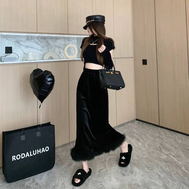 丝绒开叉一步裙A字包臀长裙 Smlp